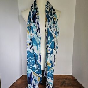 Chicos Tropical Teal Floral Blue, Teal, Yellow, and White Scarf Modal/Silk NWT